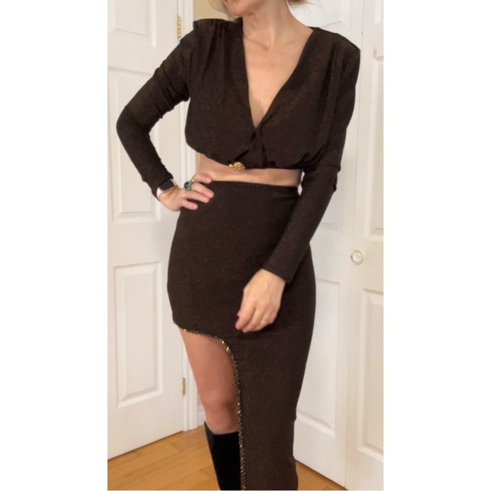 Chic Asymmetrical high low metallic gold brown skirt top set